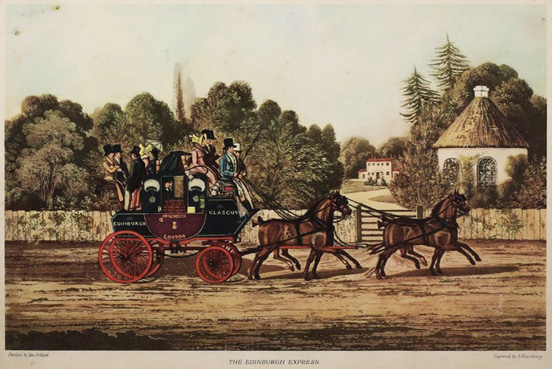 The Edinburgh Express coach from Edinburg to London, pulled by four horses