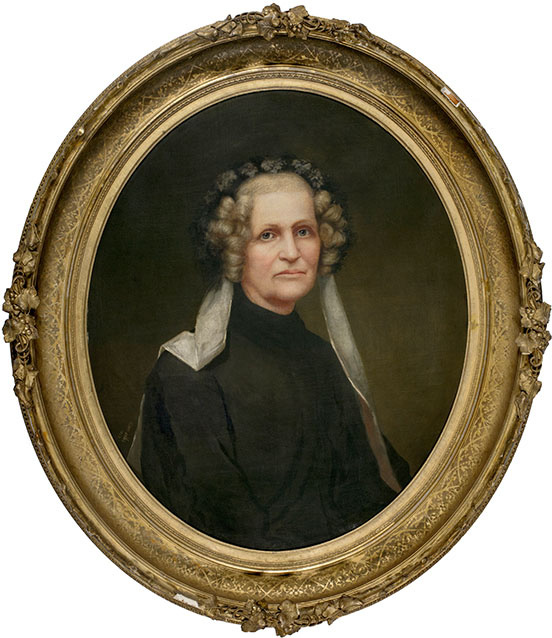 Portrait of Mrs. Hugh Maxwell, in a black dress with a white cap with tails, and curls about her face, 1867, in ornate oval frame (New York Historical Society)