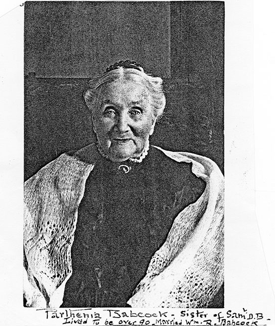 Photograph of Parthenia Pardoe Babcock Babcock, photocopy of page with handwriting beneath: Parthenia Babcock, sister of Sam DB - lived to be over 90 Married Wm. R. Babcock