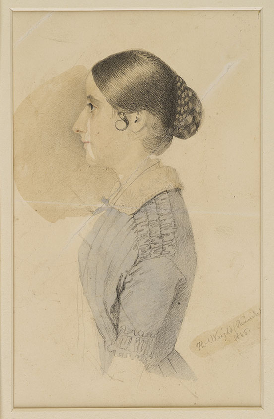 Watercolor of Anna Whistler, about age 40, in profile in a blue gown (Hunterian Gallery, Glasgow)