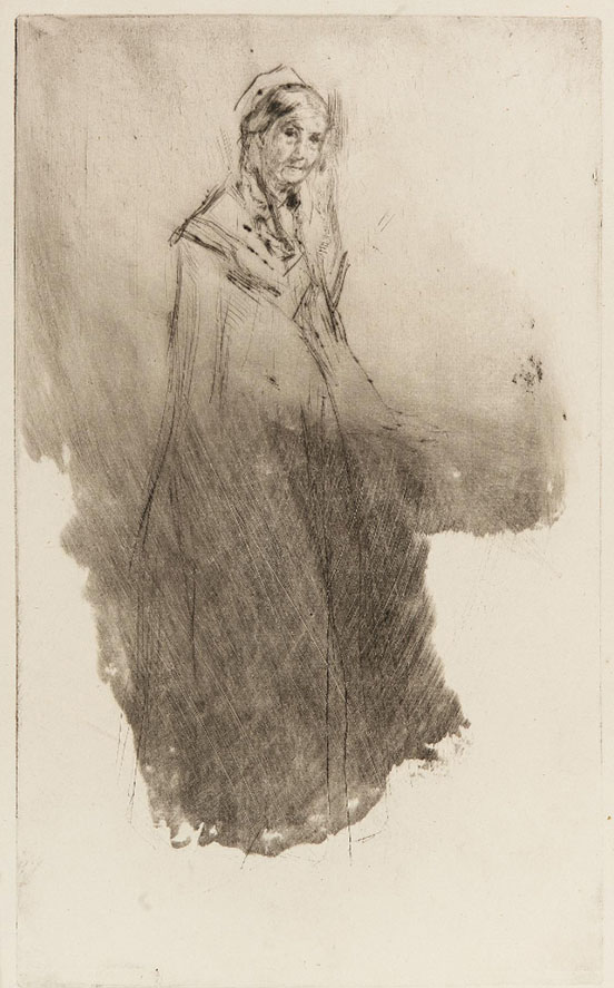 Rough sketch of Anna Whistler standing, at about age 67, with brown wash behind (Freer Gallery of Art, Washington, DC)