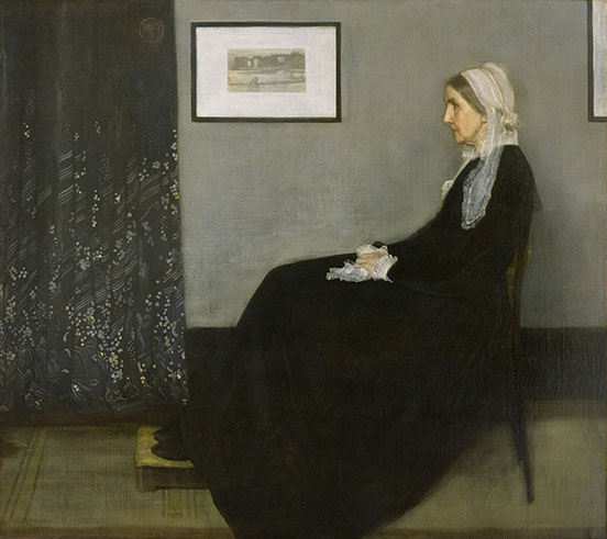 Painting commonly known as Whistler's Mother: Anna Whistler sitting, facing left, with a white lace head cover and black dress (Musée d'Orsay, Pari)