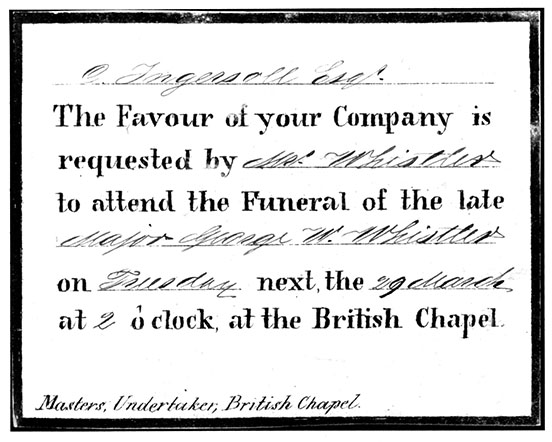 Colin Ingersoll's invitation to George Washington Whistler's funeral in 1849