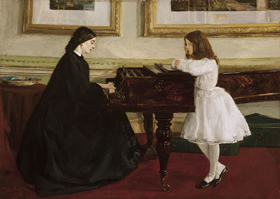 Deborah Whistler playing the piano on left, facing right; her daughter Annie leans on the instrument on the right, facing left