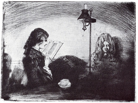 Deborah Whistler Haden reading, with daughter Annie sitting behind on the right, eyes down