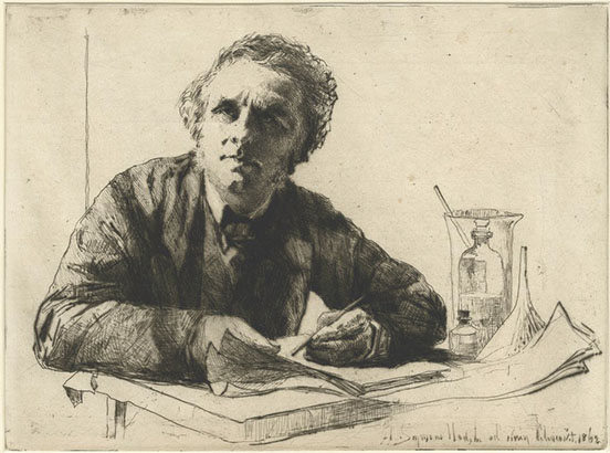 Self-portrait of Francis Seymour Haden sitting looking left with papers on his desk and scientific glassware on the right, 1862 (British Museum, London)