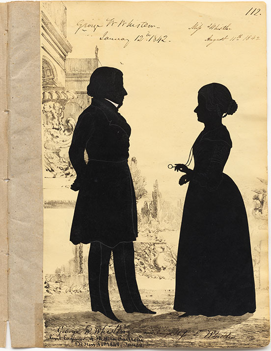 Silhouette of George Washington Whistler facing right, hands behind his back, and Deborah Whistler (Lady) Haden, facing left holding a lorgnette, 1842, by Auguste Edouart (National Portrait Gallery, Washington, DC)