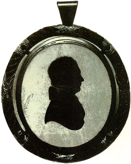 Miniature silhouette of Dr. Daniel McNeill, in oval pendant setting