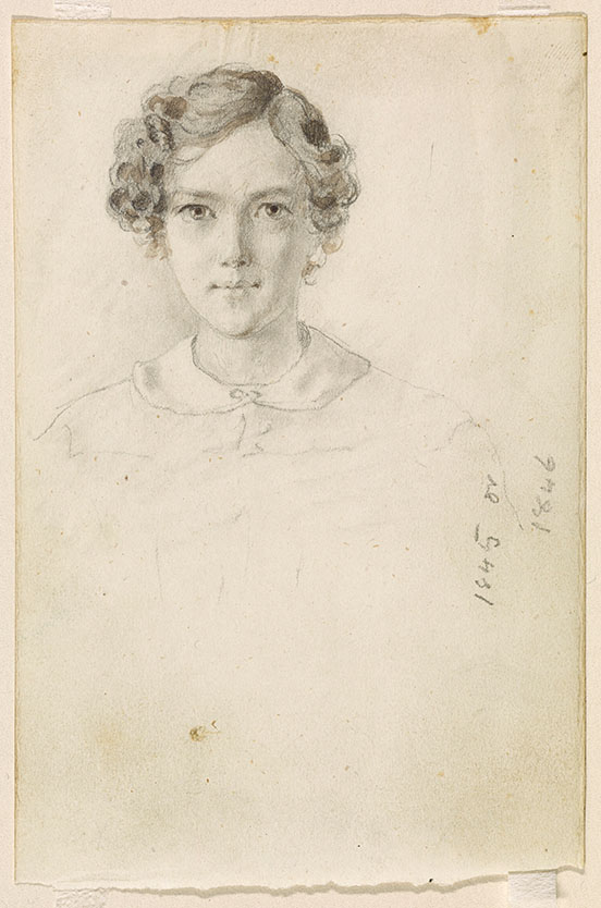 Sketch of face and head of James Whistler, circa 1845, by an unknown artist, showing especially his eyes and curls (Freer Gallery of Art, Washington, DC)