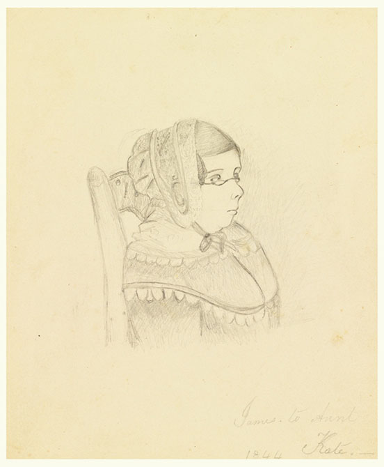 Sketch of Alicia McNeill sitting, with glasses and bonnet tied beneath chin, 1844, by James Whistler (Cooper-Hewitt Museum, New York )