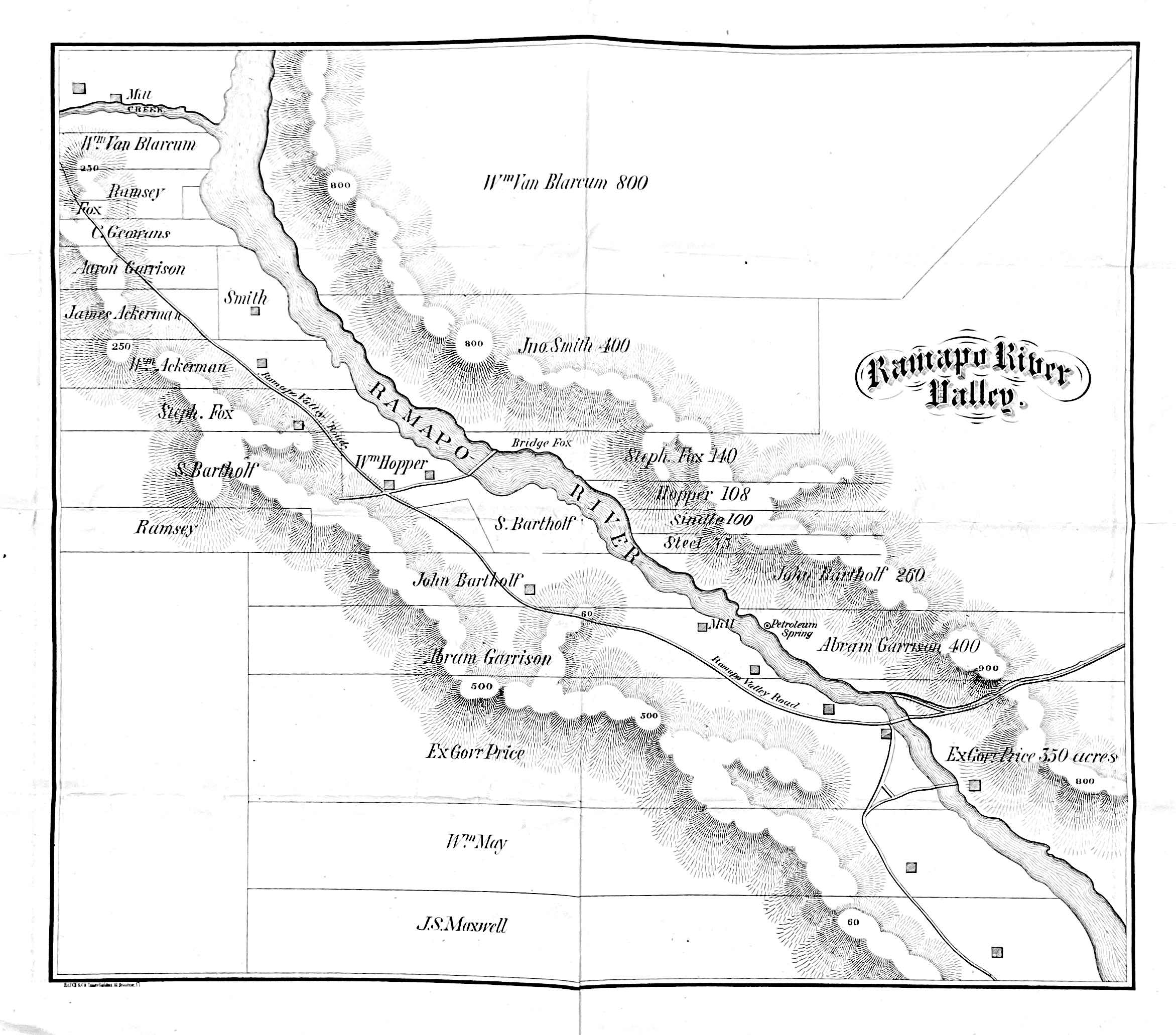 Map of Ramapo River running top right to lower left, with narrow estates blocked off, each with some river bank.