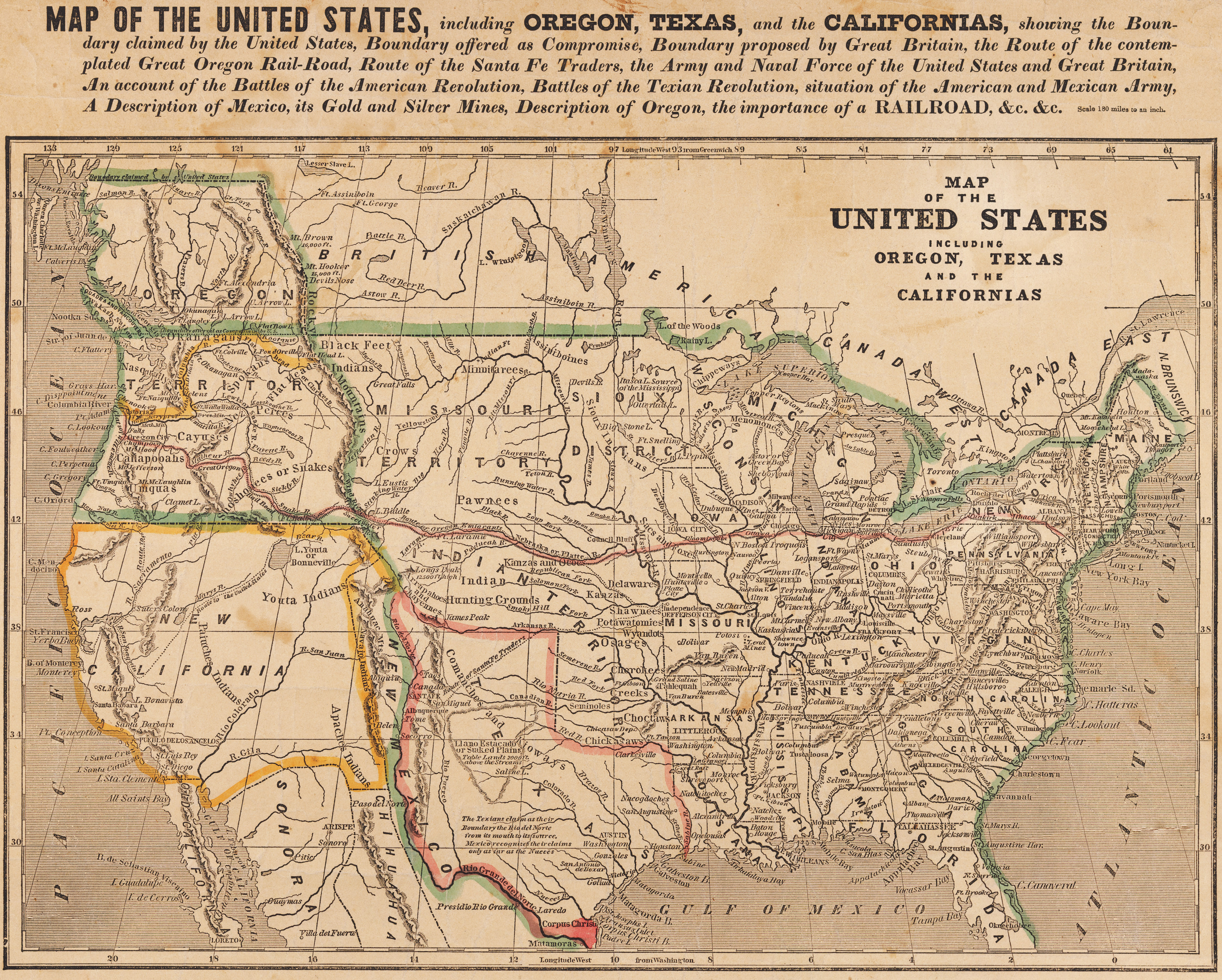 The USA in 1846, showing the disputed territories in the west.